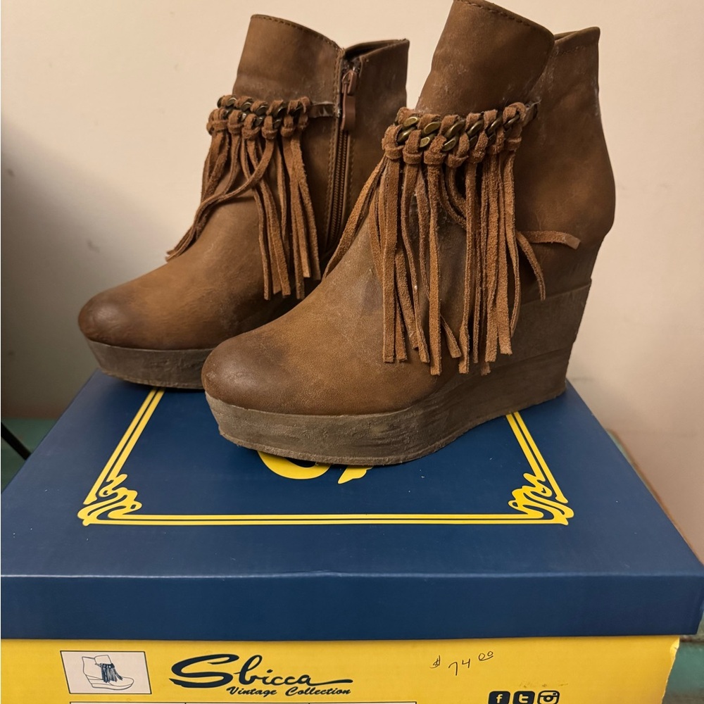 Sbicca Tan Fringe Wedge Boots